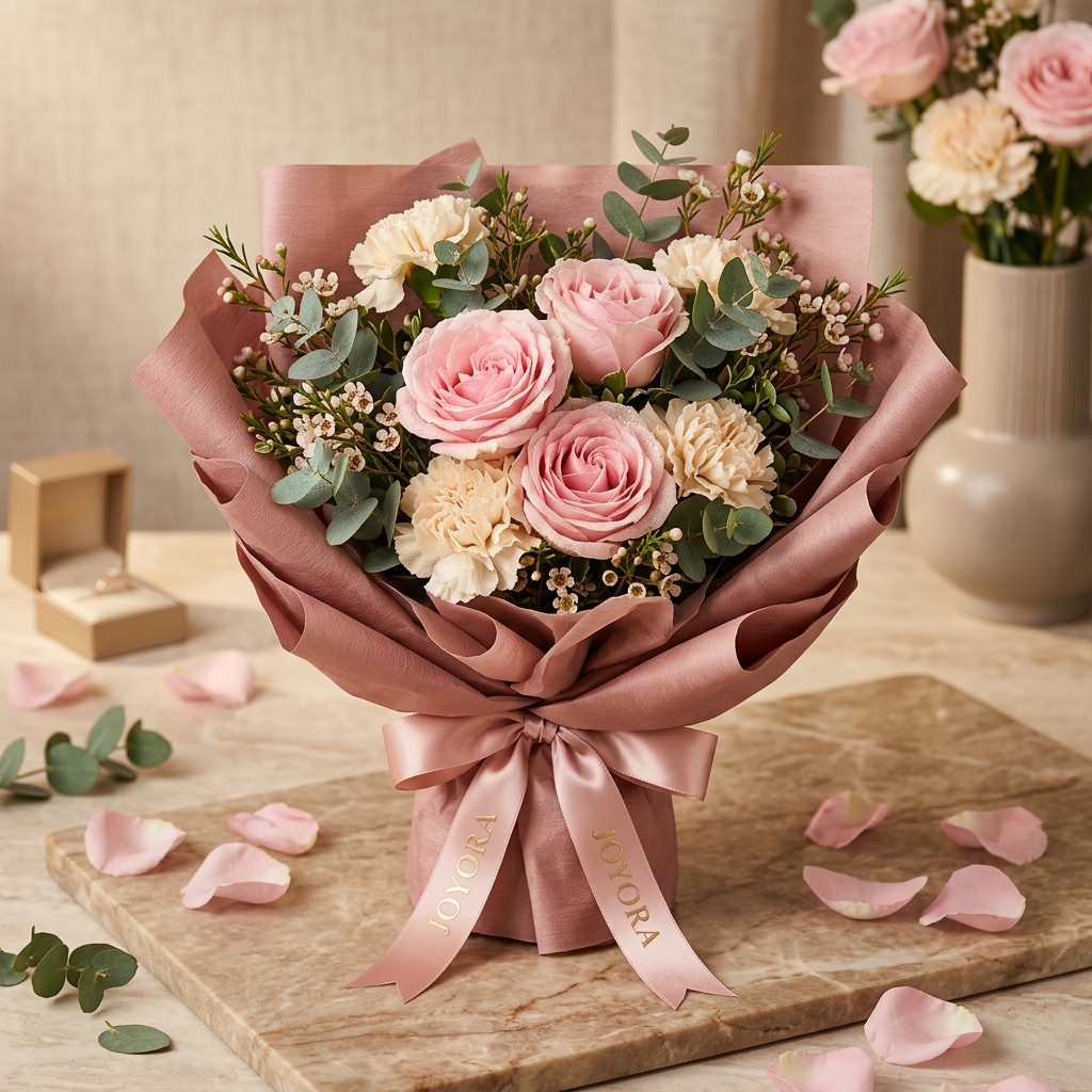 Blush Romance Bouquet - soft pink roses and seasonal blooms