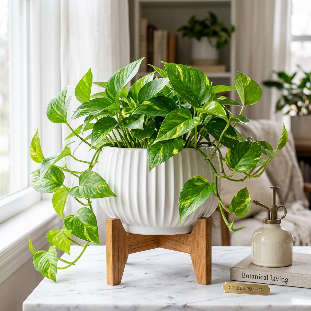 Good Luck Money Plant - healthy indoor plant in a fluted white ceramic planter