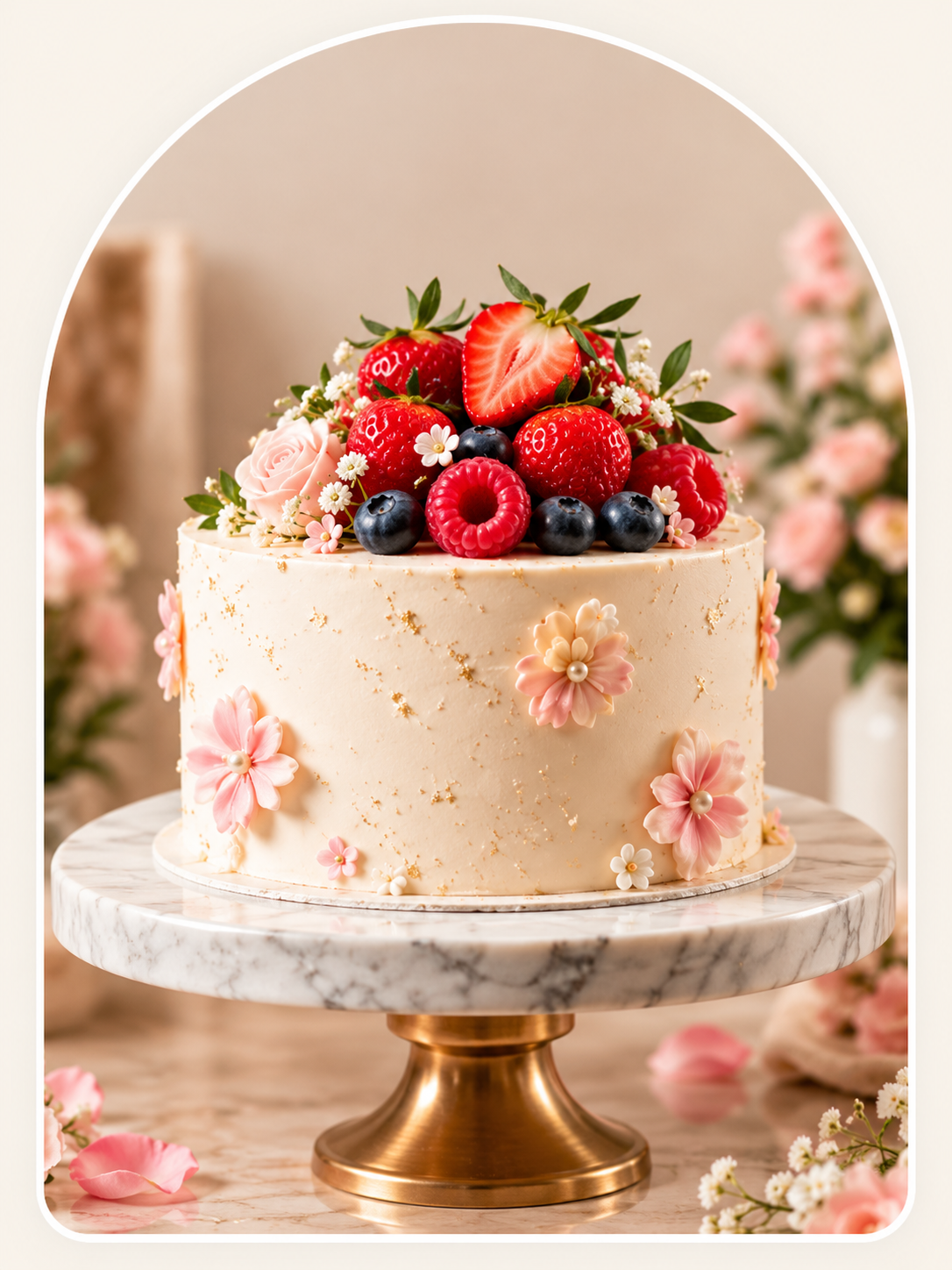 Elegant celebration cake with cream frosting, berries and subtle floral decoration