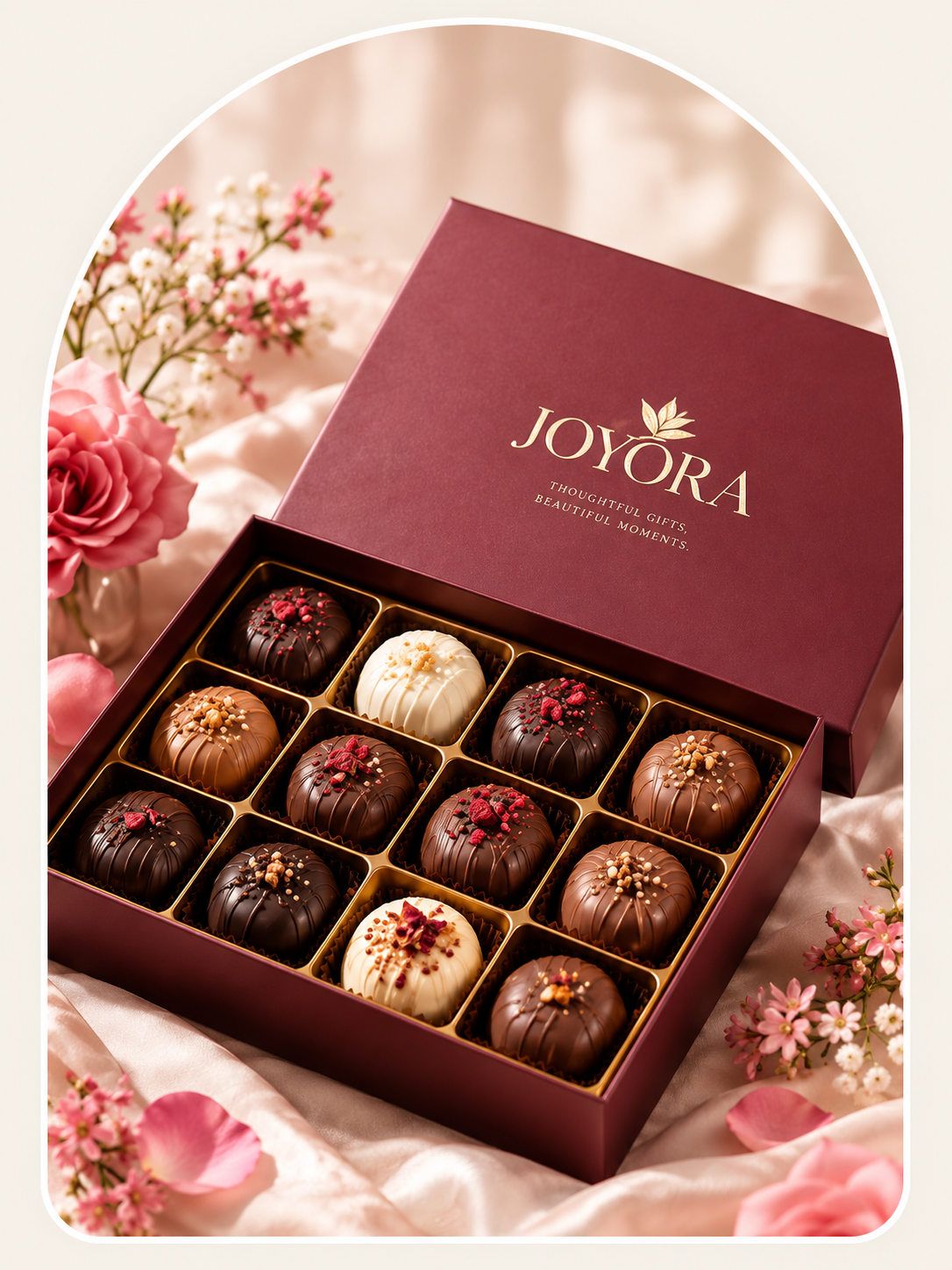 Luxury assorted chocolates arranged in elegant gift packaging