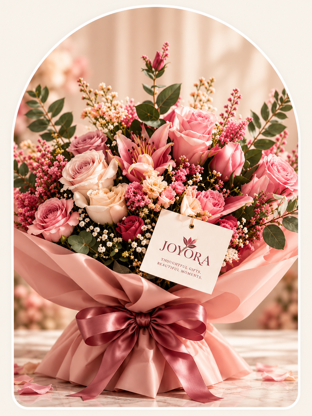 Premium pink and cream rose bouquet with elegant wrapping and natural foliage