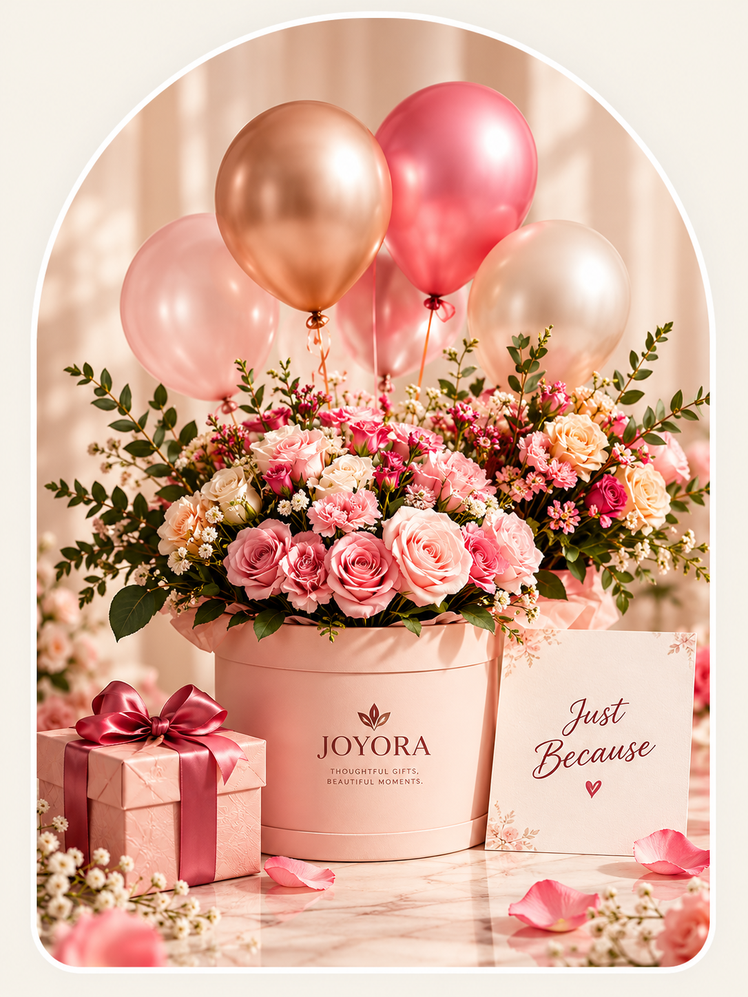 Tasteful celebration arrangement featuring balloons, flowers or gift packaging