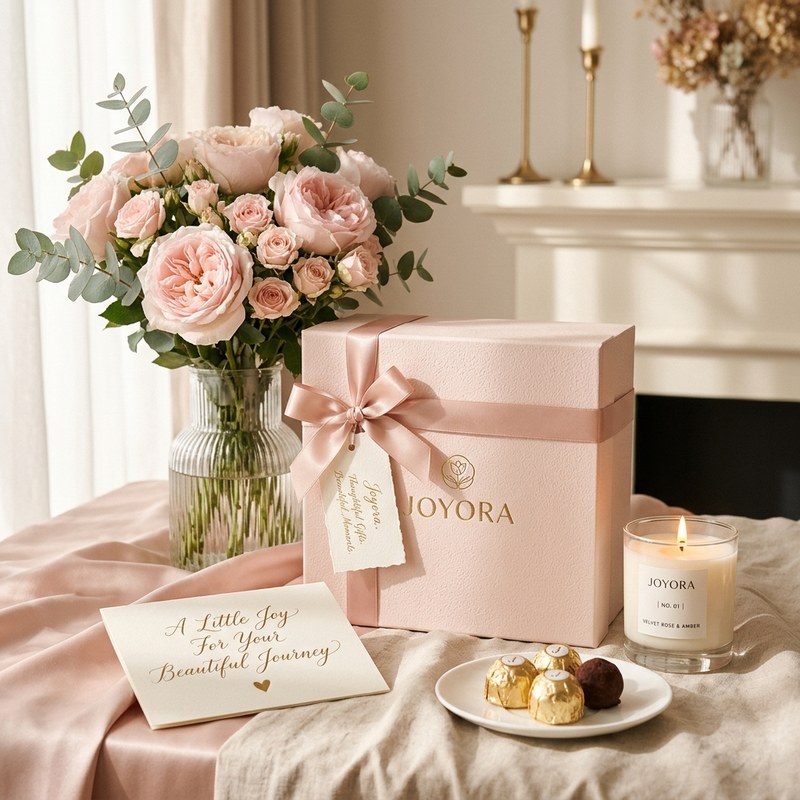 Koinks artisanal luxury gift box with blush satin ribbon, fresh roses, lighted candle, and handwritten note