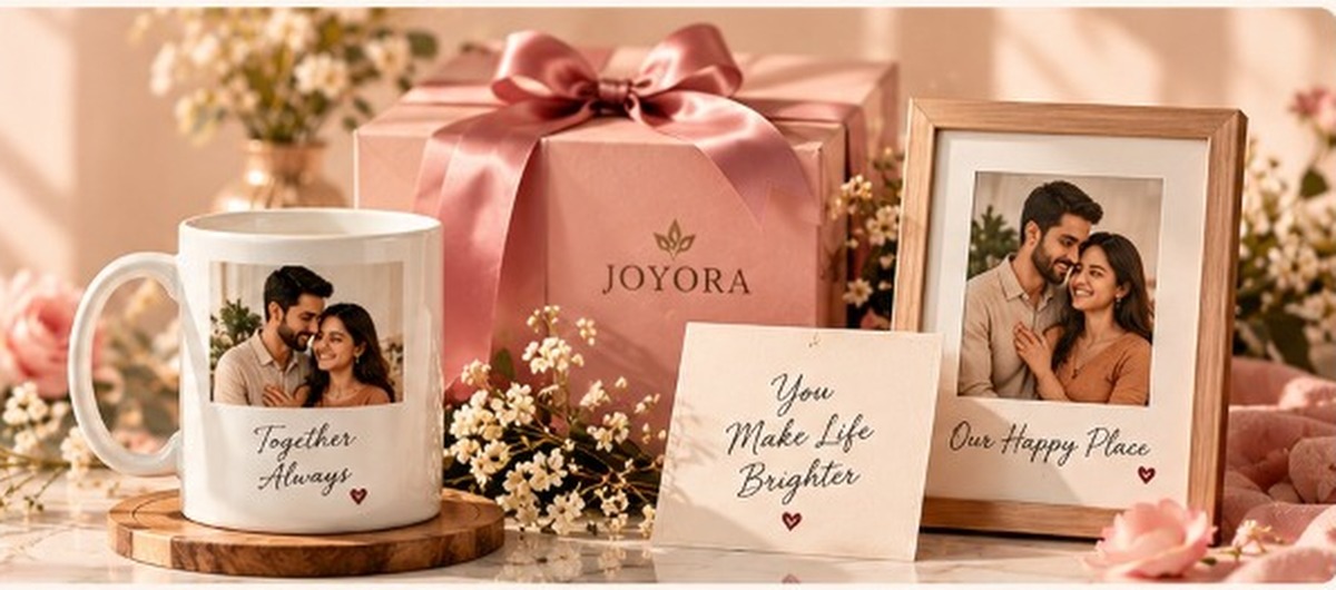 Personalised gifting arrangement with custom photo mug, keepsake gift box, and photo frame