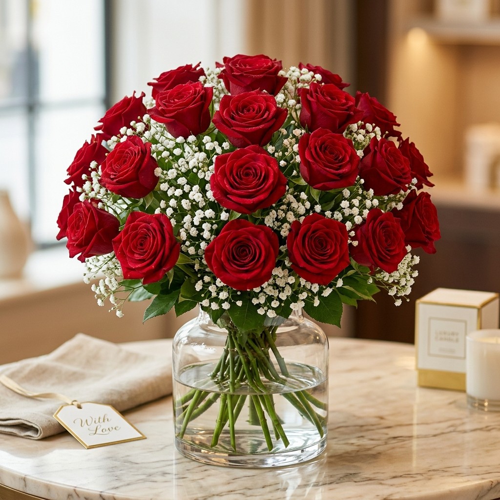 Classic Red Roses Bouquet - fresh crimson velvety roses hand-tied in elegant paper